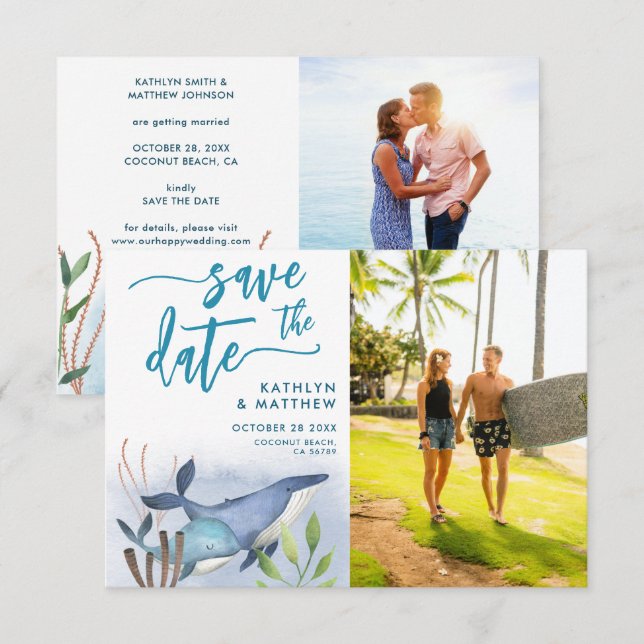 Save The Date Bleu nautique sous le Mariage de la baleine bleue  (Devant / Derrière)