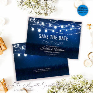 Save The Date Bleu Night & Argent String Lumières Mariage rustiq