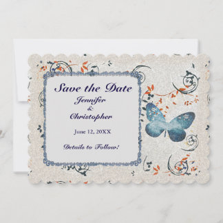Save The Date Bleu papillon et torons de feuilles