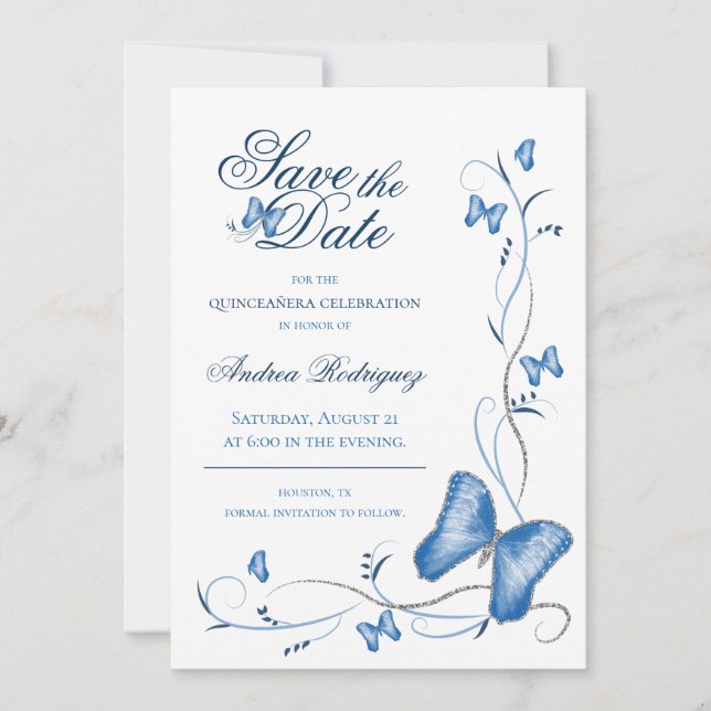Save The Date Bleu papillons & tourbillons Enregistrer la date (Devant)