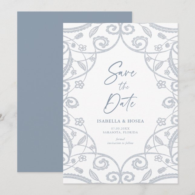 Save The Date Bleu Poussiéreux Argenté Paillettes Floral Dentell (Devant / Derrière)