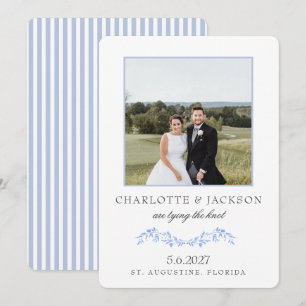 Save The Date Bleu Poussiéreux Élégant Classique Floral Avec Pho