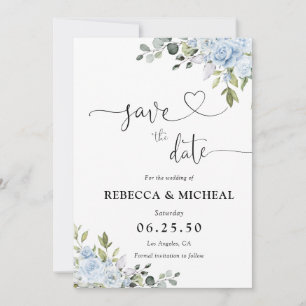 Save The Date Bleu Poussiéreux Floral Eucalyptus Mariage Événeme