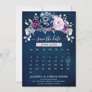 Save The Date Bleu poussiéreux Violet Navy Lilac Fleurs Calendri