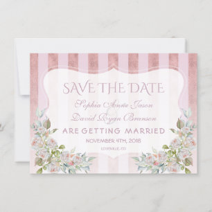 Save The Date Bleu Rose Gold Stripes Blanc Fleurs Mariage