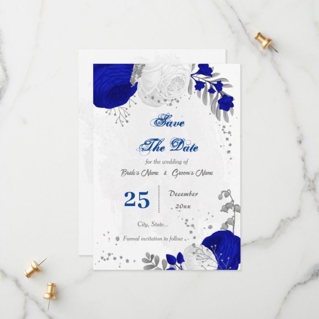 Save The Date bleu royal et fleurs blanches argent (Devant/Arrière en situation)
