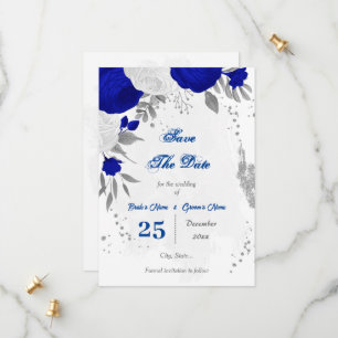 Save The Date bleu royal et fleurs blanches argent