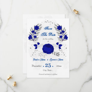 Save The Date bleu royal et fleurs blanches argent botanique