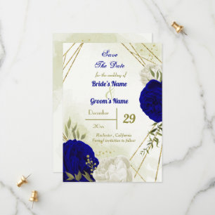Save The Date bleu royal fleurs blanches vert feuilles