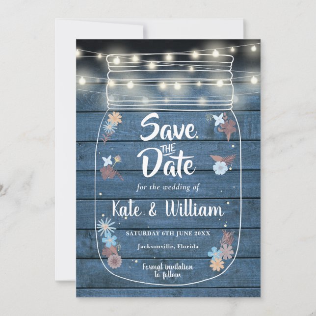 Save The Date Bleu Rustique Bois Mason Jar Chaîne Lumière Floral (Devant)