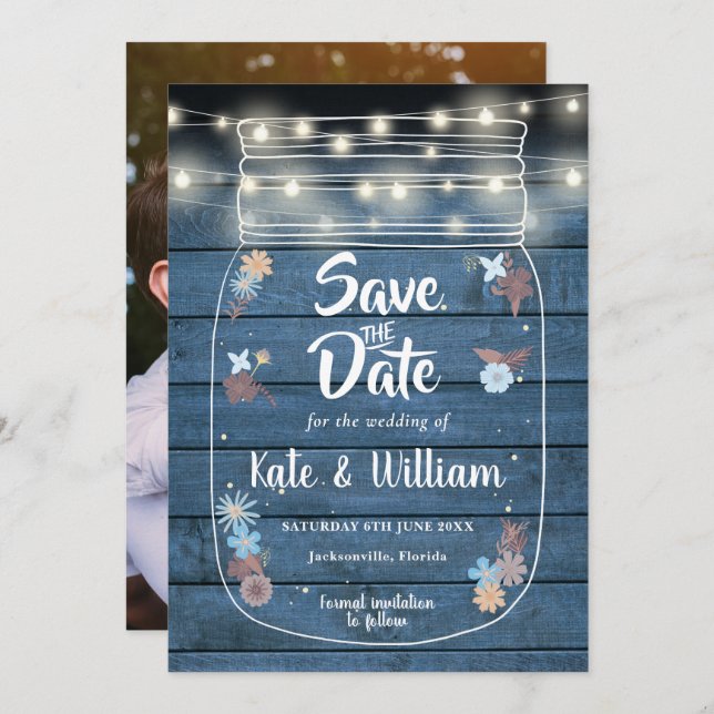 Save The Date Bleu Rustique Mason Jar String éclat Floral Photo (Devant / Derrière)