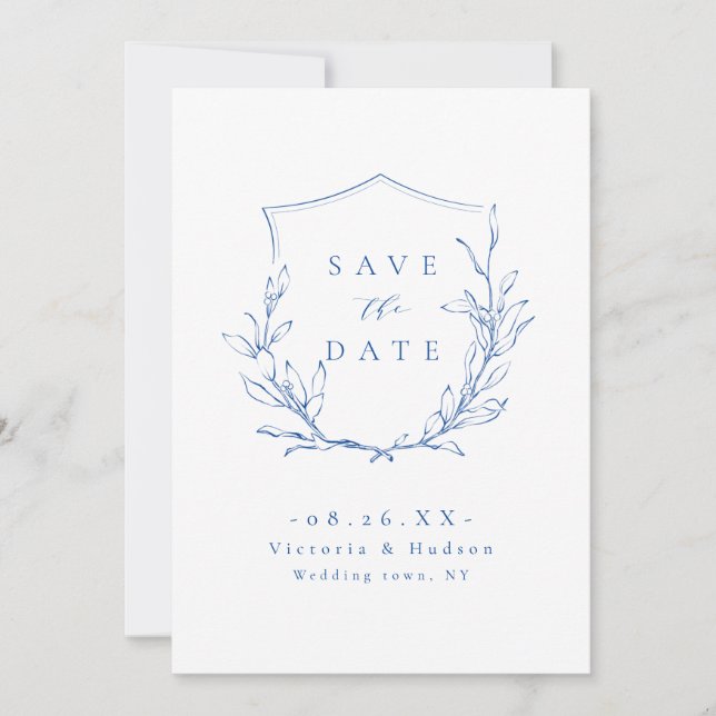 Save The Date Bleu simple élégance botanique crête enregistrer l (Devant)