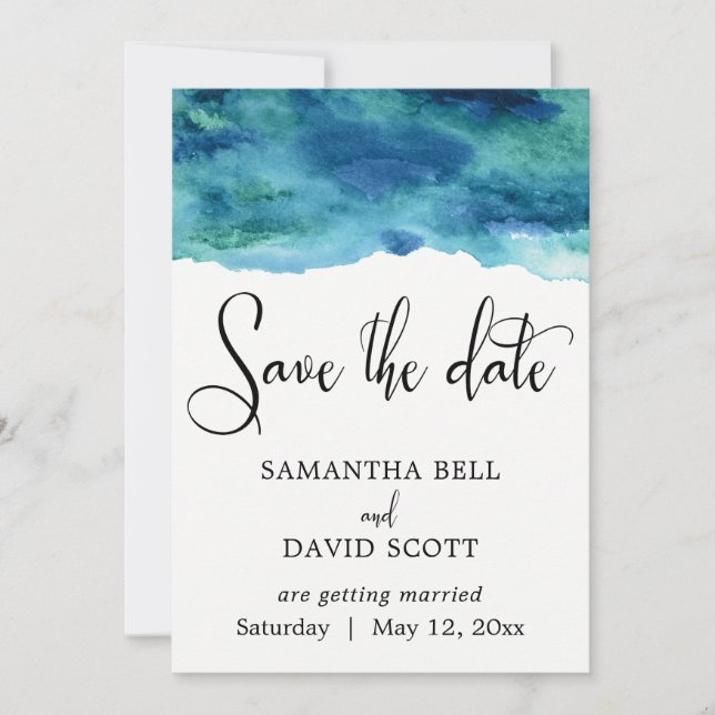 Save The Date Bleu Vert Aqua Aquarelle Moderne Enregistrer la da (Devant)
