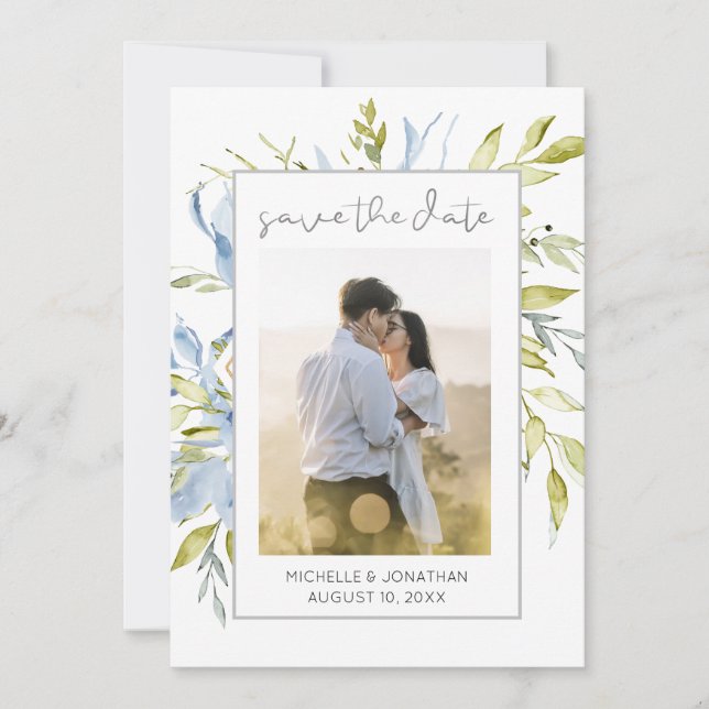 Save The Date Bleu Vert Floral Verdure PHOTO Inspirationnelle (Devant)