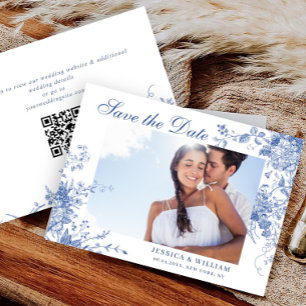 Save The Date Bleu victorien Français Floral Mariage Photo Code 