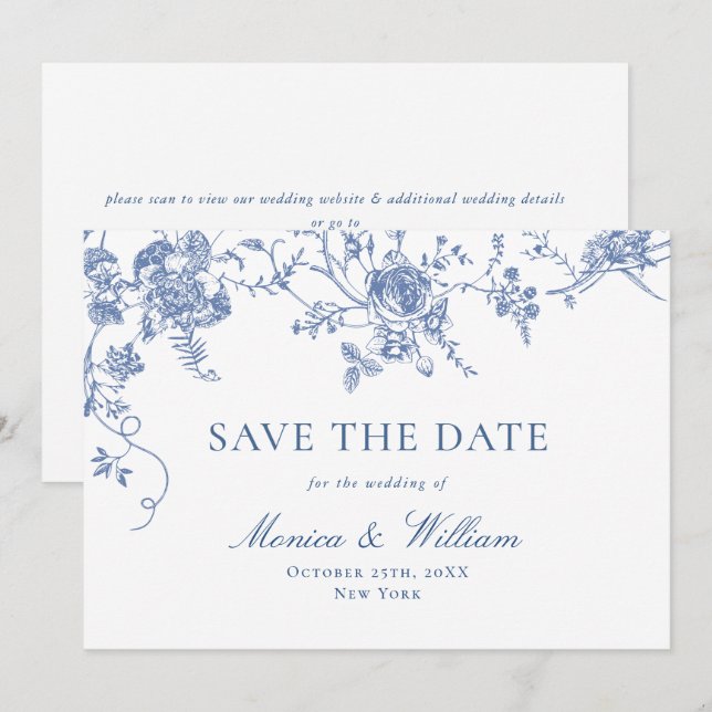 Save The Date Bleu Victorien Français Roses Jardin QR code Maria (Devant / Derrière)