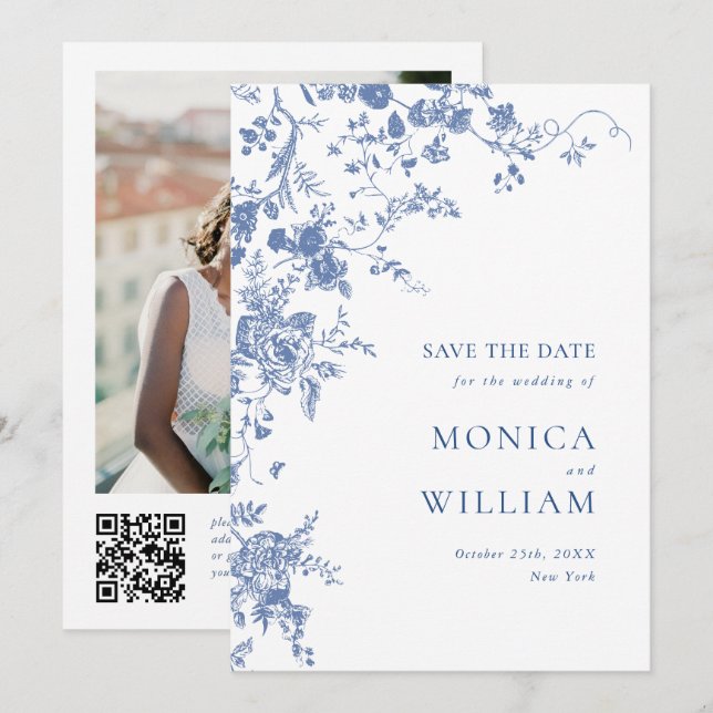 Save The Date Bleu Victorien Jardin Français Floral Mariage phot (Devant / Derrière)