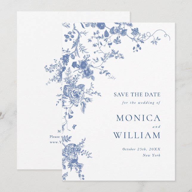 Save The Date Bleu Victorien Toile Français Jardin Mariage Flora (Devant / Derrière)