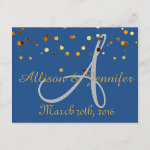 Save the Date Blue and Gold Glitzer Imitate Foil Ankündigungspostkarte