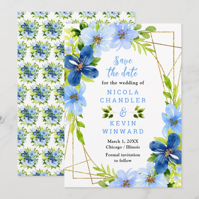 Save The Date Blue and Navy Flowers with Foliage Wedding (Devant / Derrière)