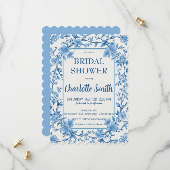 Save The Date blue and white Chinoiserie antique bridal shower (Devant/Arrière en situation)