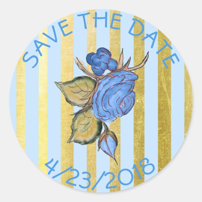 Save the Date Blue Blume Strickkleber Runder Aufkleber (Vorderseite)