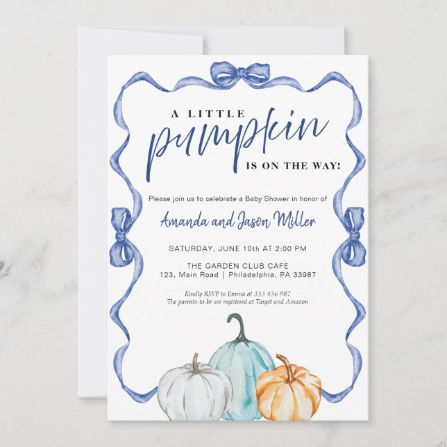 Save The Date Blue Bow Fall Baby Douche Pumpkins élégant (Devant)