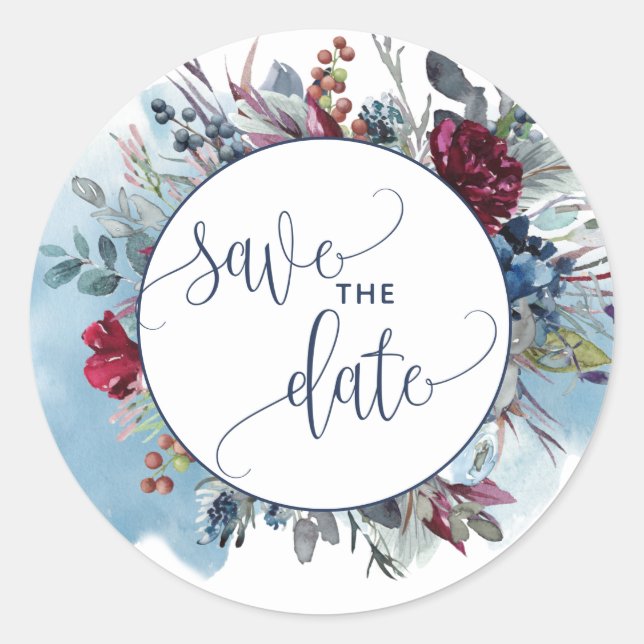 Save the Date, Blue Burgundy Lila Umschlag Aufkleb Runder Aufkleber (Vorderseite)