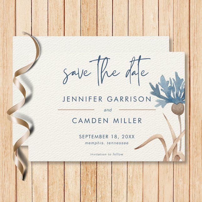 Save The Date Blue Cornflowers & Blé Field Mariage moderne (Blue Cornflowers & Wheat Field Modern Wedding Save The Date)