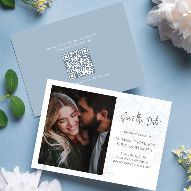 Save The Date Blue Floral Elégant Photo Wedding Enregistrer la d (Floral blue elegant Photo save the date card with QR code. )