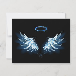 Save The Date Blue Glowing Angel Wings on black background