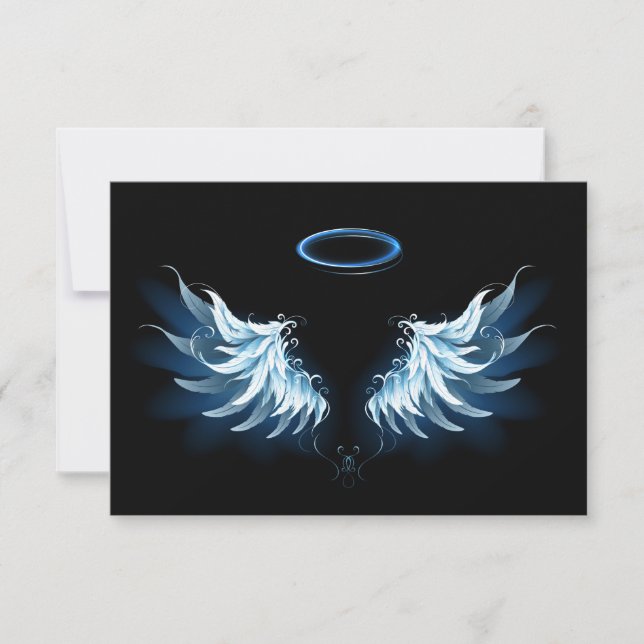Save The Date Blue Glowing Angel Wings on black background (Devant)