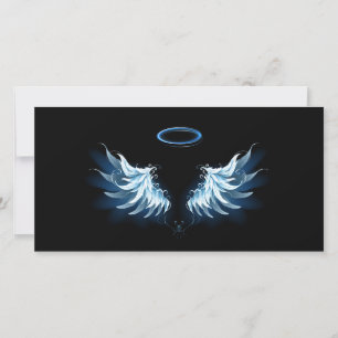 Save The Date Blue Glowing Angel Wings on black background