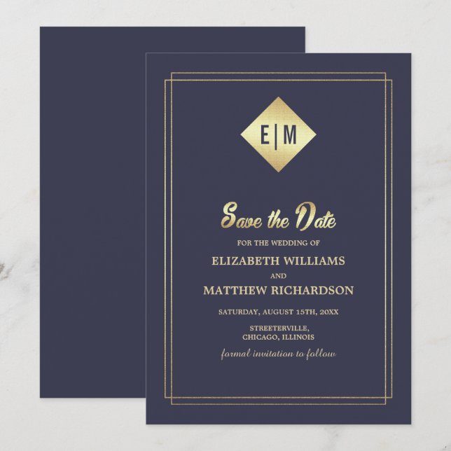 Save The Date. Blue Gold Hochzeit Einladung (Vorne/Hinten)