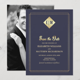 Save The Date. Blue Gold Hochzeitungs-Fotokarte Einladung