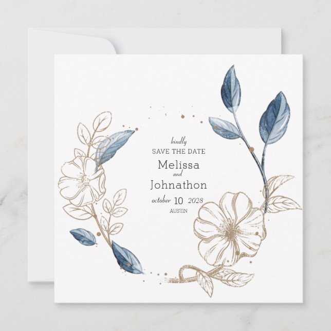 Save The Date Blue Gold Moderne Floral Élégant (Devant)