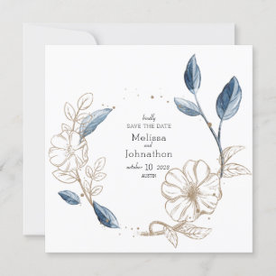 Save The Date Blue Gold Moderne Floral Élégant