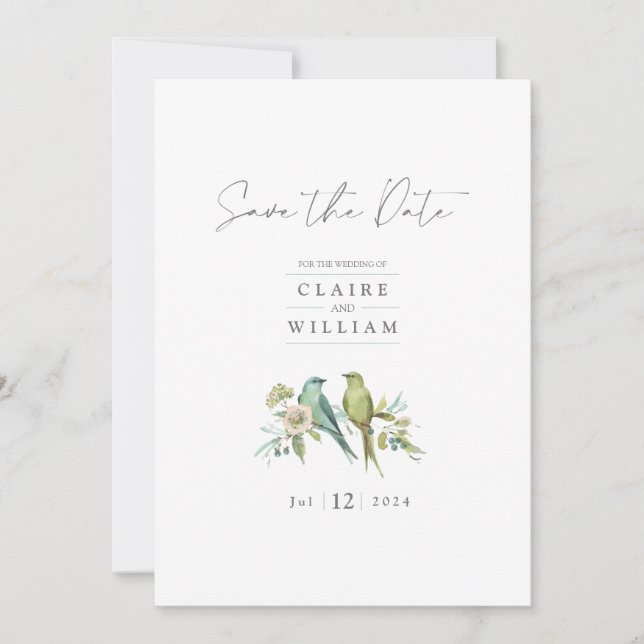 Save The Date Blue Green Birds Floral Aquarelle Mariage Enregist (Devant)