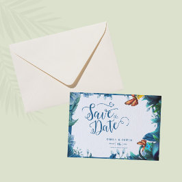 Save The Date Blue Green Botanical Butterfly Elegant Wedding