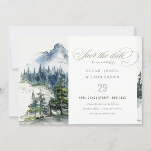Save The Date Blue Green Woods Mountain Paysage Mariage de croqu
