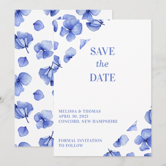 Save The Date Blue Hydrangea Petals Non Photo (Devant / Derrière)