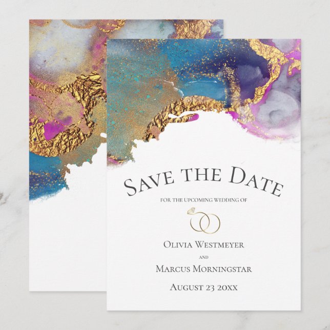 Save the Date Blue Magenta Lila Gold Ink Einladung (Vorne/Hinten)
