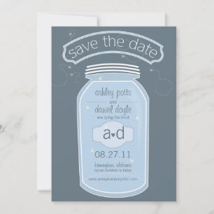 Save The Date Blue Mason Jar & Fireflies Enregistrer la date