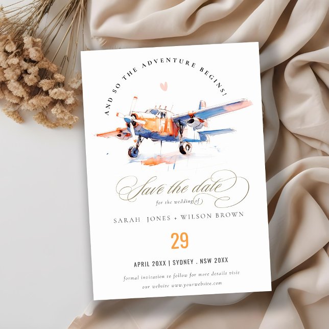 Save The Date Blue Orange Blush Aquarelle Air Plane Mariage (Créateur téléchargé)