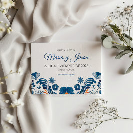 Save The Date Blue Orange Floral Elegant Fiesta Spanish Wedding