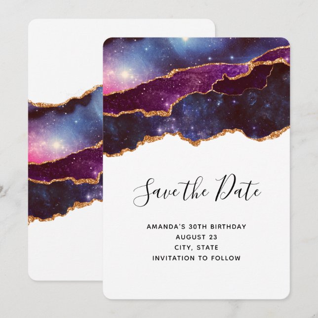 Save The Date Blue & Purple Space & Stars Moderne Anniversaire (Devant / Derrière)