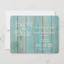 Save The Date Blue Seashell sur Wood Beach Mariage Enregistrer l