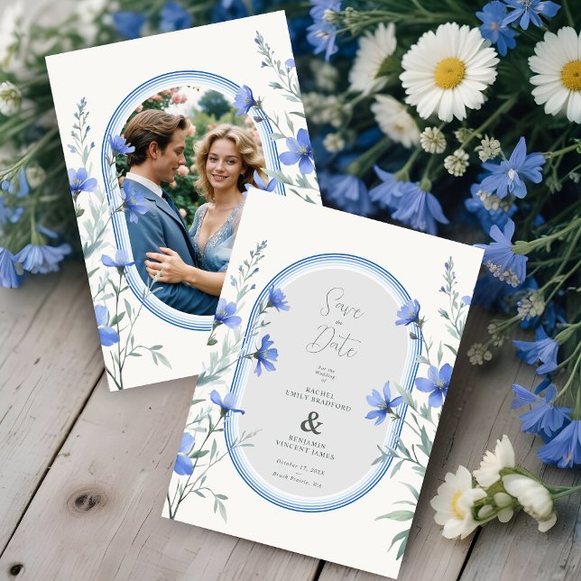 Save The Date Blue Shades Cherish Botanical Wildflowers Branches (Announce your wedding with elegance and style using our Delicate Blue Shades Cherish Botanical.)