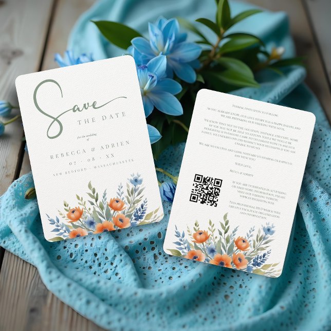 Save The Date Blue Shades Delicate Floral Bouquet Border Wedding (Blue Shades Delicate Floral Bouquet Border Wedding Save the Date Cards with QR Code)