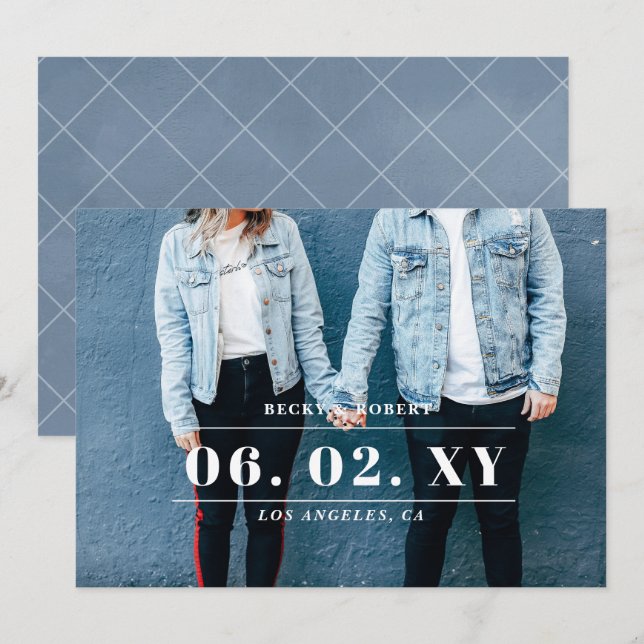 Save The Date Blue Stylish Simple Moderne Typographie Photo (Devant / Derrière)